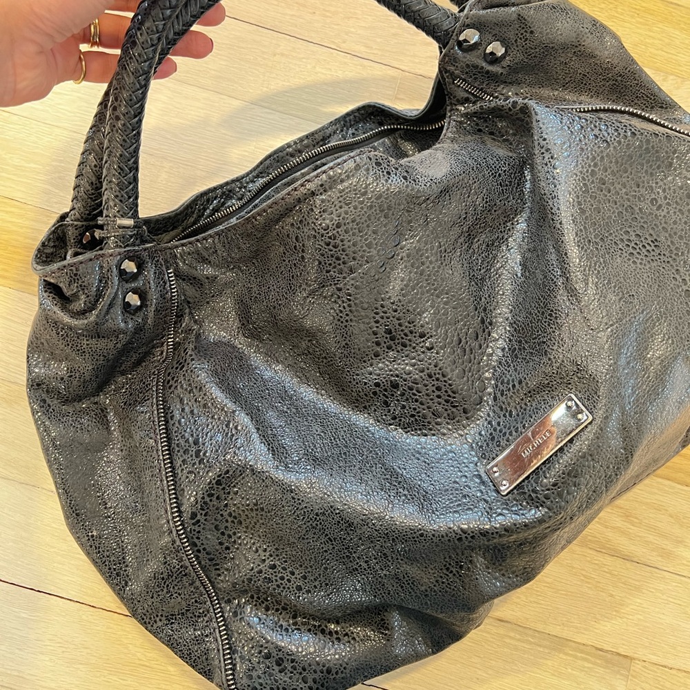 Michele Leather Shiny Pebbled Handbag with Zipper Detail
